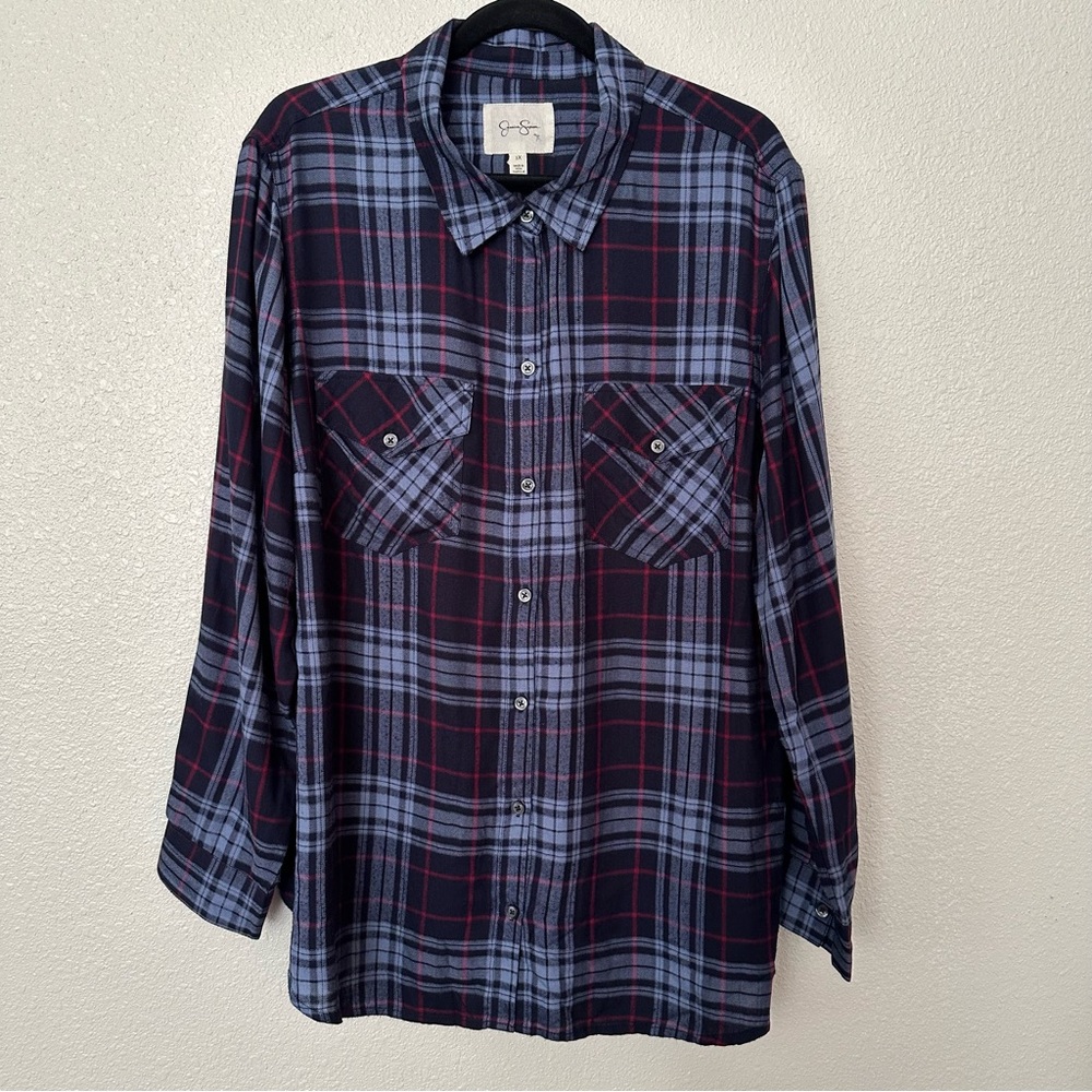 Jessica Simpson Navy and Burgundy Plaid Shirt Long